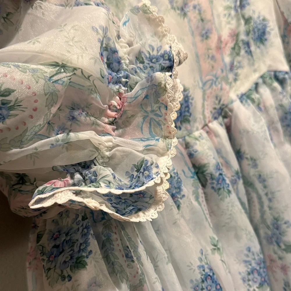 Selkie La Belle Etoile French Puff Sleeve Mini Dress in Soft Blue White Sheer - Picture 10 of 16